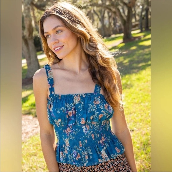 NATURAL LIFE Tops - New ▶️ Natural Life  ◀️ Eloise Teal Blue Floral Smocked Tie Strap Tank Top